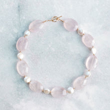 Load image into Gallery viewer, rose quartz + coin pearl + gold necklace
