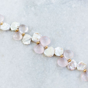 petal pearl + rose quartz + gold necklace