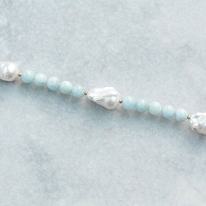 baroque pearl + aquamarine + gold necklace