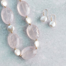 Load image into Gallery viewer, rose quartz + coin pearl + gold necklace
