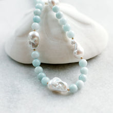 Load image into Gallery viewer, baroque pearl + aquamarine + gold necklace
