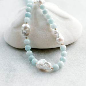 baroque pearl + aquamarine + gold necklace