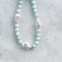 Load image into Gallery viewer, natural baroque pearl, aquamarine, and gold necklace
