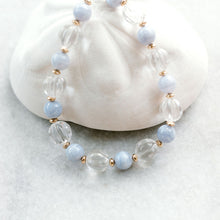 Load image into Gallery viewer, natural clear quartz, lacy blue agate, and gold necklace
