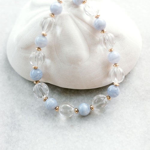 natural clear quartz, lacy blue agate, and gold necklace