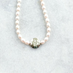 natural pearl and hammered sterling disc necklace