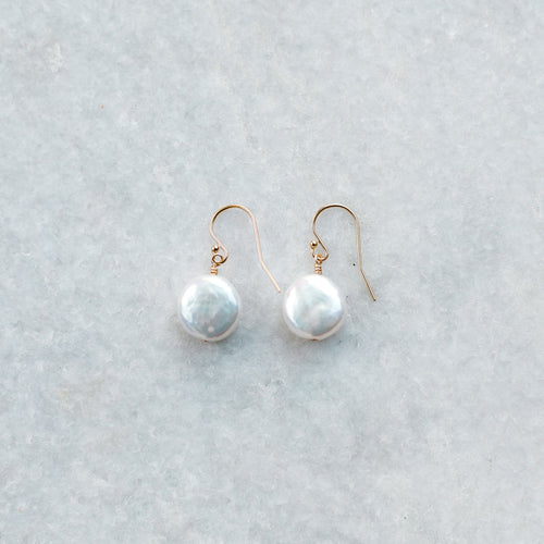 natural 12 mm coin pearl earring with gold ear wire