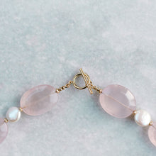 Load image into Gallery viewer, rose quartz + coin pearl + gold necklace
