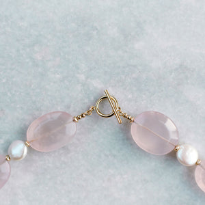 rose quartz + coin pearl + gold necklace