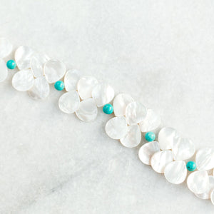 natural teardrop yellowlip shell and turquoise necklace