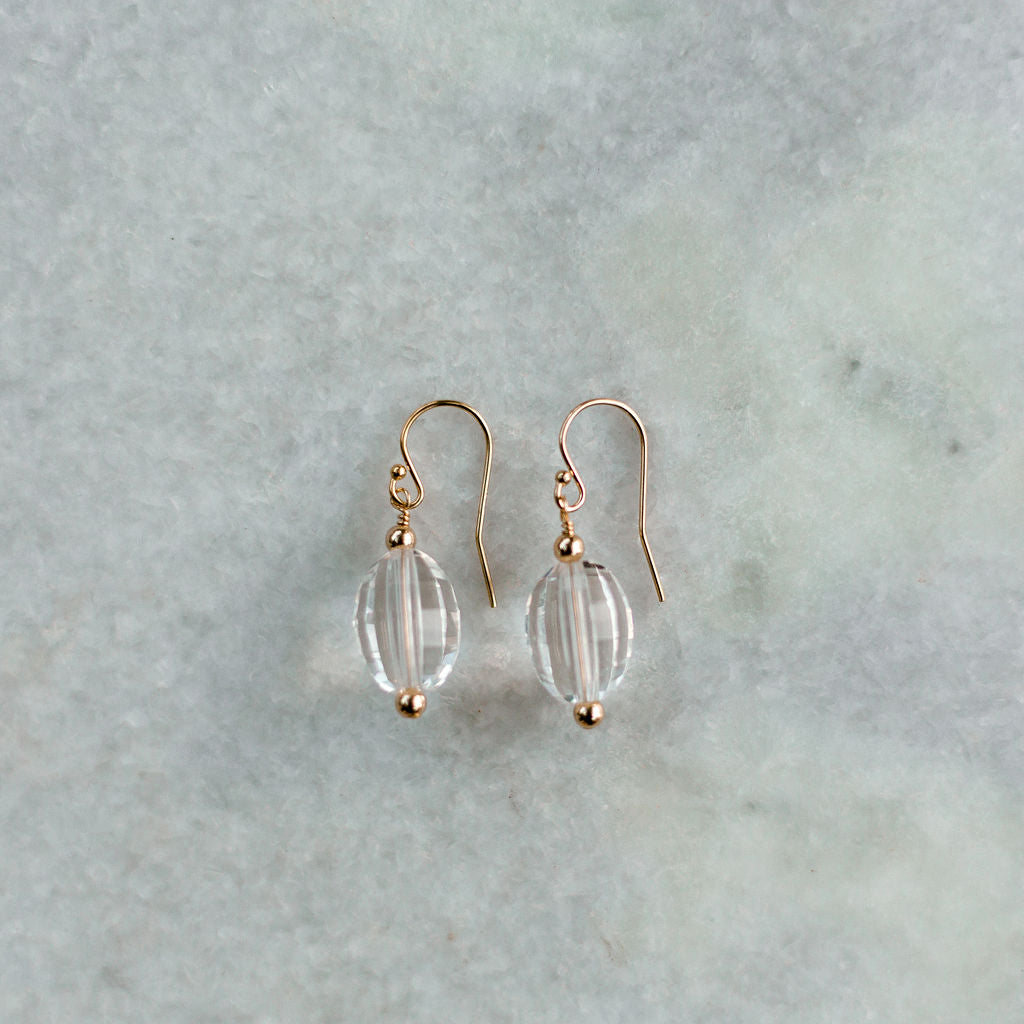 faceted clear quartz earrings and gold ear wire