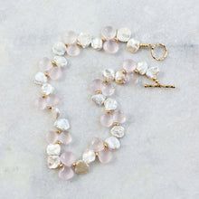 Load image into Gallery viewer, natural petal pearl, rose quartz, and gold necklace
