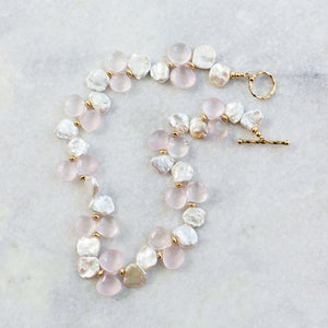 natural petal pearl, rose quartz, and gold necklace