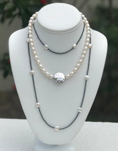 pearl + hammered sterling disc necklace - 16''