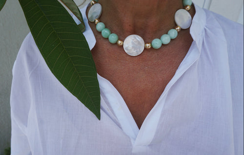 white shell and green moonstone and gold bead necklace