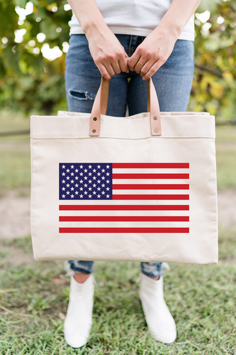 American flag canvas tote, leather handles
