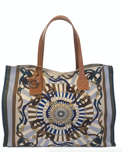 canvas printed tote, leather handles, sky blue